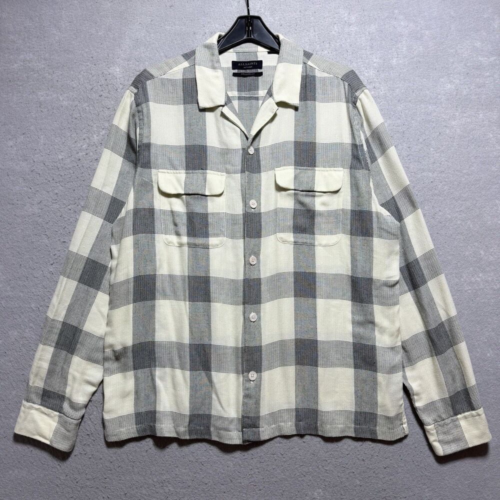 All Saints Cammargo LS Relaxed Fit Plaid Shirt Camp Collar Long Sleeve Men’s 2XL